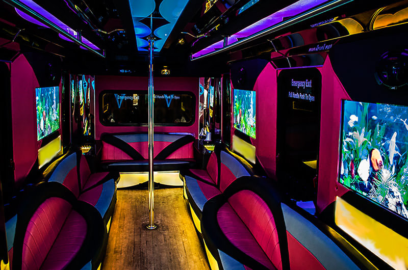 Party bus with pink leather seating